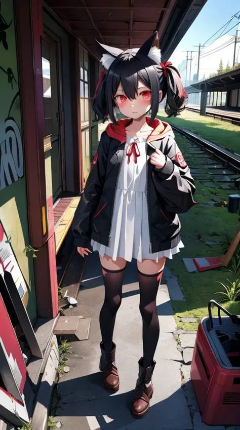 1girl, flat chest, shiny skin, short hair, black hair, ahoge, messy hair, payot, twintails, short twintails, animal ears, animal ear fluff, bat ears, bangs, hair between eyes, bat hair ornament, expressionless, empty eyes, red eyes, glowing eyes, white dress, short dress, pleated skirt, hooded jacket, black jacket, open jacket, open clothes, black hood, hood down, long sleeves, wide sleeves, sleeves past wrists, sleeves past fingers, black thighhighs, zettai ryouiki, boots, black footwear, abandoned train station, japan, overgrown, dilapidated, crumbling, vegetation, moss, broken windows, peeling paint, debris, graffiti, dark, eerie, ruins, urban exploration, masterpiece, best quality, official art, extremely detailed CG unity 8k wallpaper, artbook,