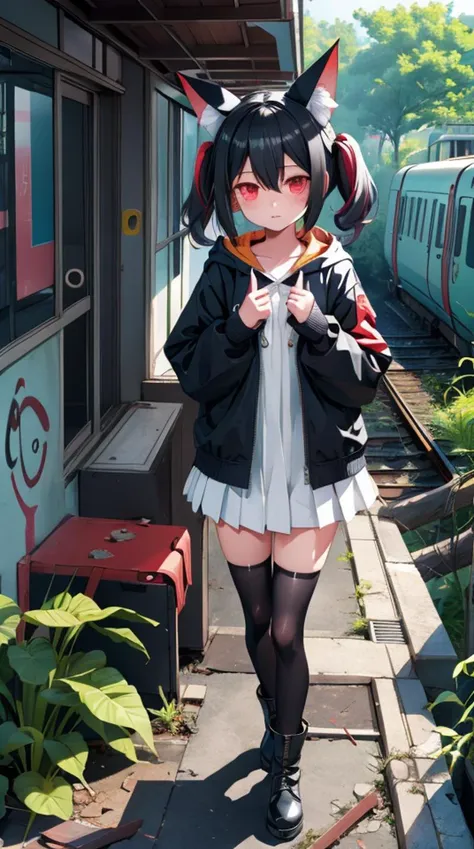 1girl, flat chest, shiny skin, short hair, black hair, ahoge, messy hair, payot, twintails, short twintails, animal ears, animal ear fluff, bat ears, bangs, hair between eyes, bat hair ornament, expressionless, empty eyes, red eyes, glowing eyes, white dress, short dress, pleated skirt, hooded jacket, black jacket, open jacket, open clothes, black hood, hood down, long sleeves, wide sleeves, sleeves past wrists, sleeves past fingers, black thighhighs, zettai ryouiki, boots, black footwear, abandoned train station, japan, overgrown, dilapidated, crumbling, vegetation, moss, broken windows, peeling paint, debris, graffiti, dark, eerie, ruins, urban exploration, masterpiece, best quality, official art, extremely detailed CG unity 8k wallpaper, artbook,