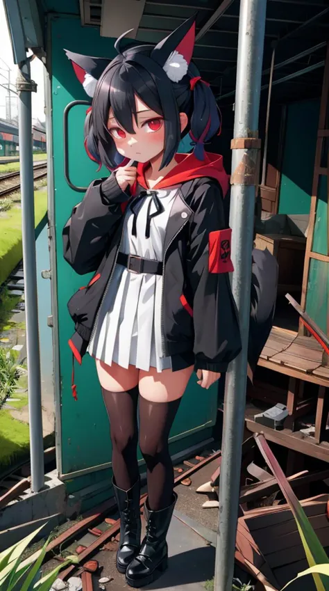 1girl, flat chest, shiny skin, short hair, black hair, ahoge, messy hair, payot, twintails, short twintails, animal ears, animal ear fluff, bat ears, bangs, hair between eyes, bat hair ornament, expressionless, empty eyes, red eyes, glowing eyes, white dress, short dress, pleated skirt, hooded jacket, black jacket, open jacket, open clothes, black hood, hood down, long sleeves, wide sleeves, sleeves past wrists, sleeves past fingers, black thighhighs, zettai ryouiki, boots, black footwear, abandoned train station, japan, overgrown, dilapidated, crumbling, vegetation, moss, broken windows, peeling paint, debris, graffiti, dark, eerie, ruins, urban exploration, masterpiece, best quality, official art, extremely detailed CG unity 8k wallpaper, artbook,