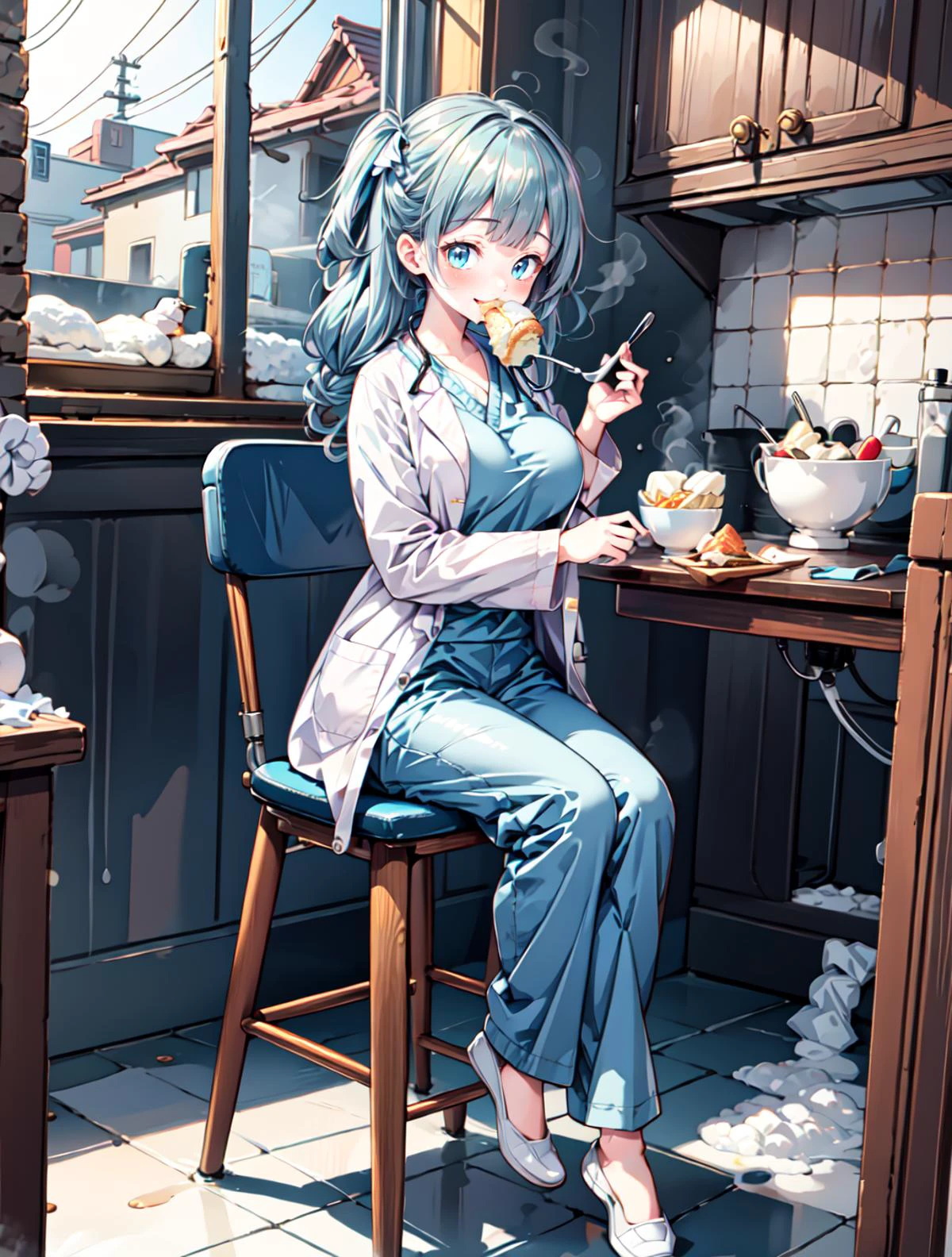 <lora:Doctor Uniform V2:0.76>, (doctor_uniform, labcoat, stethoscope, doctor,scrub top,scrub trousers):1.24, ((eating posture, sexy smile, sit on a glass chair, look at window)),
BREAK 1woman, ((young woman)), adorable, clear face, solo, (((full body))):1.33, (milky skin, curvy body, slender body, idol vibe), (long hairs, multicolor blonde blue hairs):1.2,
BREAK soft light, light on face, cinematic lighting, detailed(shadow),
BREAK <lora:add_detail:0.45>, extremely detailed, CG, finely detailed, (masterpiece, best quality):2.0, ((photorealistic:1.15)),
BREAK <lora:uber_saggy2:0.68>, saggy, sagging_breasts, ((huge breasts)), <lora:Front face lighting åé¢ã©ã¤ãã¢ãã v2:0.5>,
((indoors, clean town, (day), snow, snow dust)), ((Cake and food)), restaurant, windows, <lora:MG:0.65>