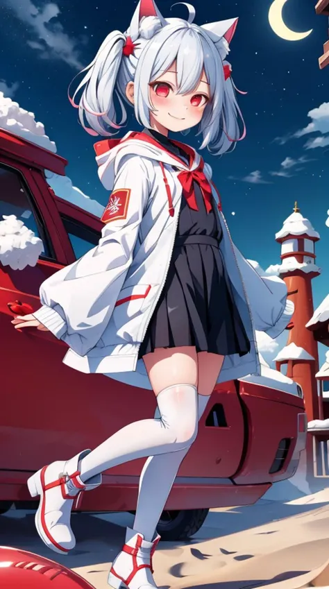 1girl, flat chest, shiny skin, short hair, white hair, ahoge, messy hair, payot, twintails, short twintails, animal ears, animal ear fluff, bat ears, bangs, hair between eyes, bat hair ornament, seductive smile, empty eyes, red eyes, glowing eyes, black dress, short dress, pleated skirt, hooded jacket, white jacket, open jacket, open clothes, white hood, hood down, long sleeves, wide sleeves, sleeves past wrists, sleeves past fingers, white thighhighs, zettai ryouiki, boots, white footwear, desert, night, sky, sand, dune, crescent moon, stars, night sky, nocturnal, sahara desert, masterpiece, best quality, official art, extremely detailed CG unity 8k wallpaper, artbook,