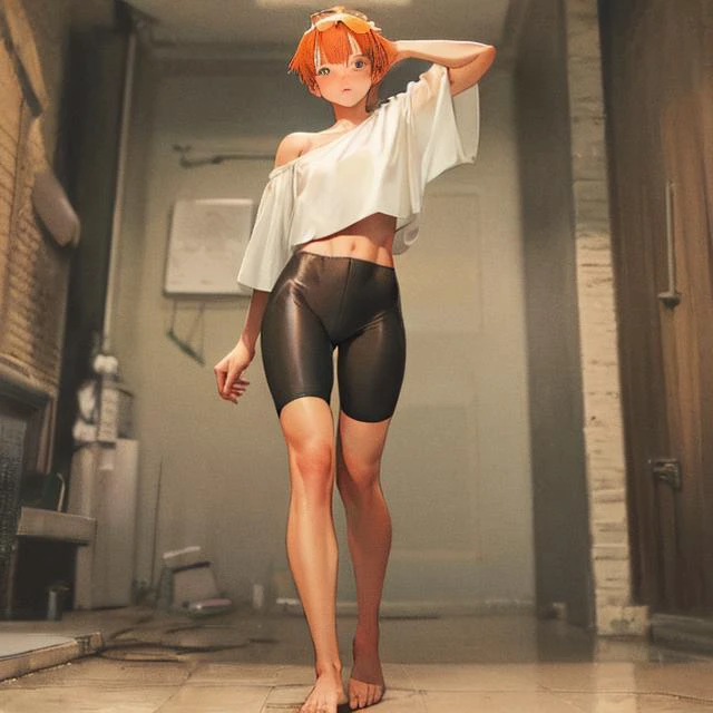 Short red hair, showing her bra and lifting her skirt to show her underwear with a sad look
