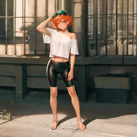 Edward, standing, Goggles
tan skin, solo, tomboy, midriff, orange hair, loose shirt, off shoulder, spiked hair, barefoot, bike shorts, brown eyes, goggles on head, blush stickers, full body, Muscular
(insanely detailed, beautiful detailed face, masterpiece, best quality) volumetric lighting, best quality, masterpiece, intricate details, tonemapping, sharp focus, hyper detailed <lora:Muscle:1> <lora:Edward-05:1>