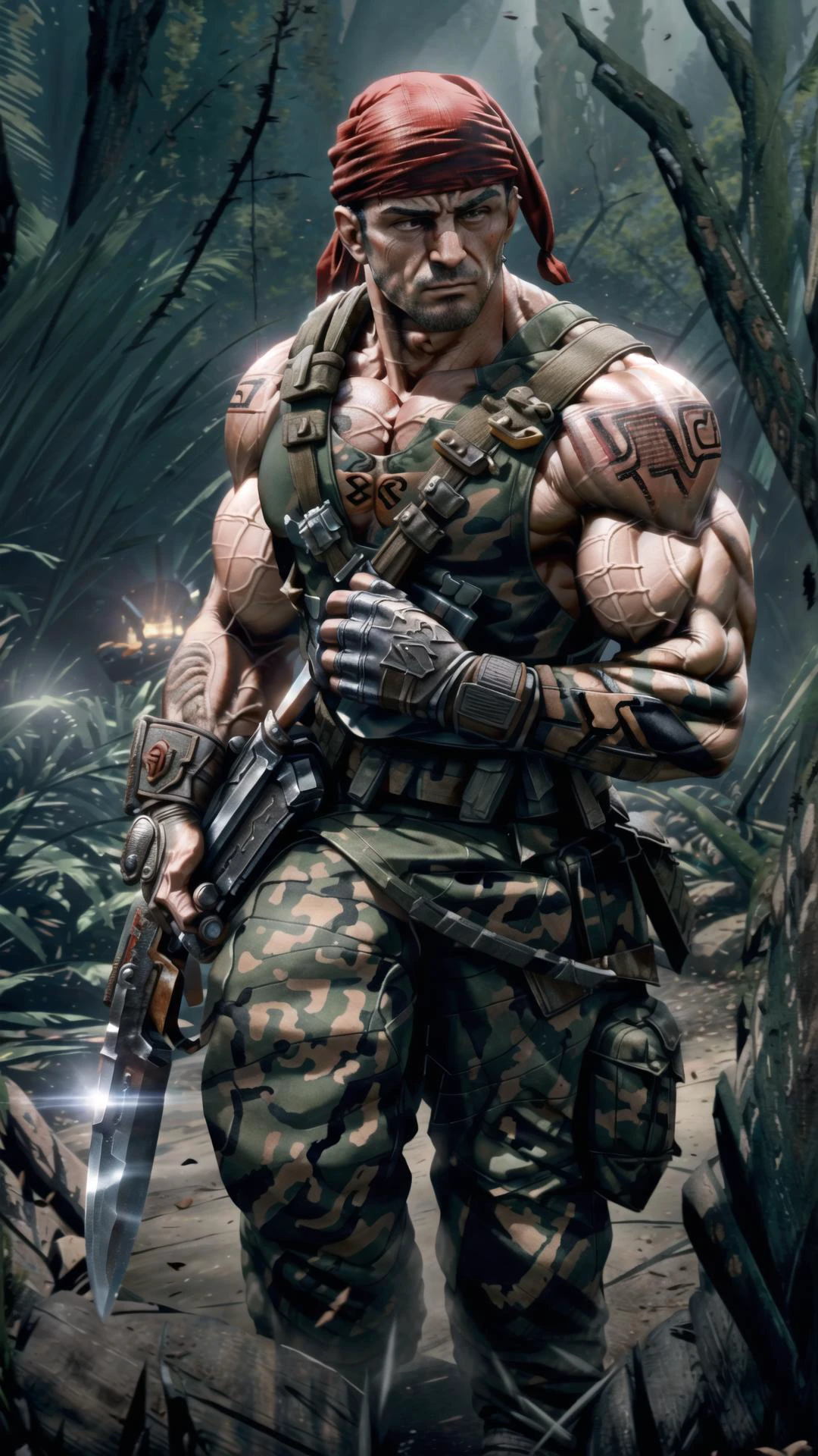<lora:fight-10:0.4> enterthematrix, <lora:Catachan Jungle Fighters:0.8> catachan, 1boy, (sly marbo:1.25), bandana, knife, camouflage, BREAK, <lora:Muscle:0.6> muscular, <lora:dirty_v0.1:0.5> dirty, masterpiece, best quality, extremely detailed, highly quality, 4k, sharp focus, professional, sharp focus, award winning, cinematic lighting, octane render, unreal engine, volumetrics dtx, Wallpaper,