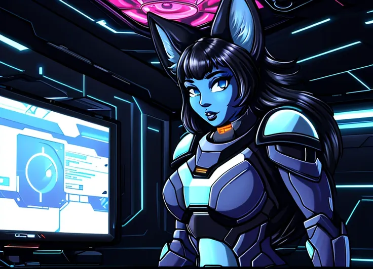 <lora:Adj-24:0.8>, blue skin, fox ears, masterpiece, high quality, red bodysuit, ((armor)), science fiction, style of Adjatha, looking at viewer, portrait, long messy hair, <lora:add_detail:.4>, futuristic background, spacecraft, (furry : 0.8), dashboard, leds, monitors, close_up, from below, ultra detailed background, absurd amount of details, parted lips,  <lora:StealthTech-20:0.25> stealthtech , cutting edge <lora:sci-fi-v1.2-000006:0.1>  <lora:Muscle:0.5> SlightMuscle, <lora:FZB_line_weights:0.8>