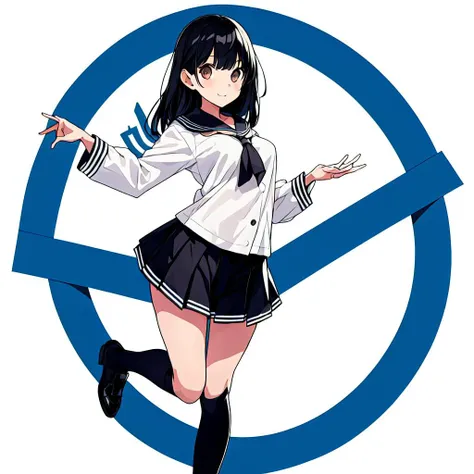 dark skin, short hair, yellow eyes, black hair, white and blue sailor uniform, red tie sailor, beautiful girl, thin, black MMA glove, full body, japanese school background