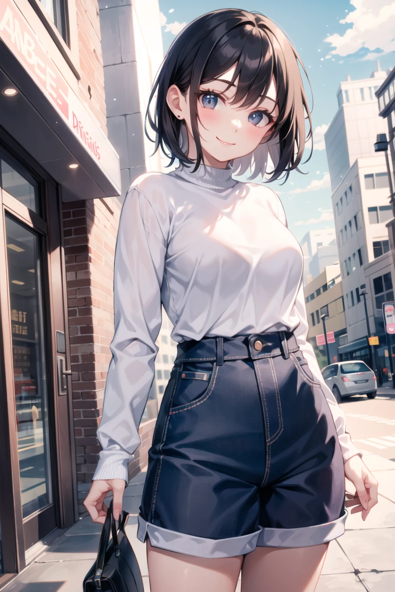(morning), 1girl, solo, looking at viewer, winter, cowboy shot, (downtown), cowboy shot, smile, black hair