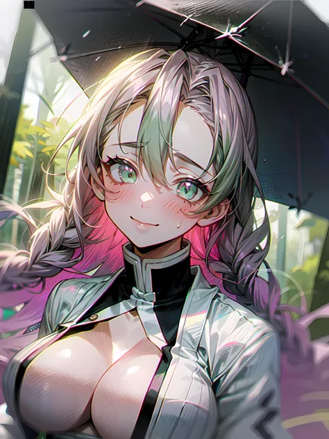masterpiece, top quality, best quality, (sexual), 1girl, (upper body), <lora:KanrojiMitsuri:1>, Mitsuri, (gradient hair color), (long hair), seductive expression, sultry face, (love goddess), green eyes, (erotic),, cleavage, (demon slayer uniform), white jacket, (forest), (dark forest), (rain), (ominous), <lora:add_detail:0.9>