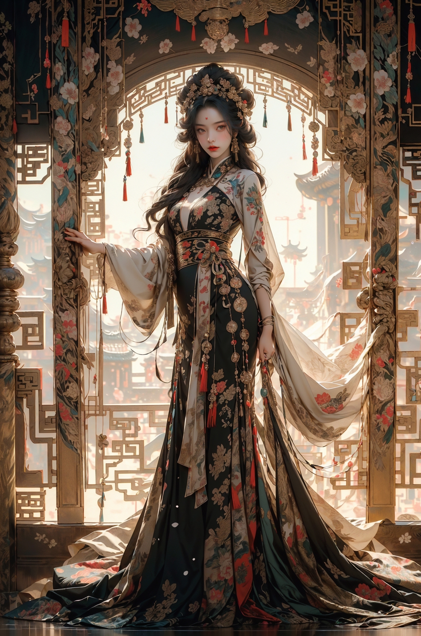 A woman in a black and gold dress standing in front of a window - SeaArt AI