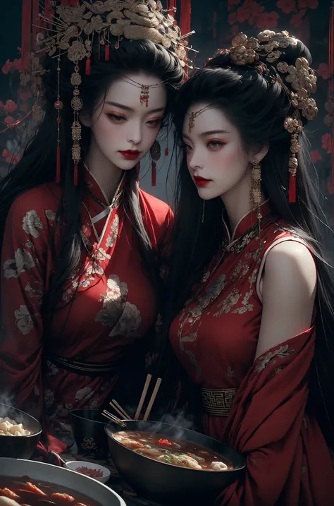 (dramatic, gritty, intense:1.4),masterpiece, best quality, 8k, insane details, intricate details, hyperdetailed, hyper quality, high detail, ultra detailed, (Dynamic Angle:1.5),(wide-angle lens,Panoramic:1.2),
cyberpunkDepth of field,(chinese style architecture),((cyberpunk city)), (light pollution), rainy night, (wet), (((cropped shoulders))), (cyberpunk), science fiction, workshop,
((shiny skin)), {Extremely Delicate Beautiful},
Chinese style clothes,Chinese Han clothing,White and blue Taoist robe, (colored china dress), (hybrid), messy_hair, multicolored hair, (colored tips), shiny hair,
((exoskeleton)), (mechanical joints), (mechanical parts), ((internal structure)), (detailed structure),  hair rings, mechanical internal structure, delicate internal structure,
(cables), (wires), (pistons), electricity, (glowing orbs), (luminous engine), energy cannon, (energy core), (cables connected to body), (wire connected to body), (robotic arms), ((Electronic collar)),3d, 3d render, ray tracing,
(1 group of women in qipao, eating Hot pot:1.4), heterochromia(sitting around a round table:1.2), in a traditional noodle restaurant, (chopsticks:1.5) in hand, slurping noodles, (smiling and chatting:1.2), (red lipstick:1.1), (long hair:1.1) styled in classic Chinese fashion, (floral patterns:1.2) on their qipao dresses, brightly colored, (steaming bowls of noodles:1.4) on the table, with chopsticks and soup spoons beside them, (traditional decorations:1.1) on the walls, such as lanterns and calligraphy(cyber screen frame:1.3),(cyberpunk Colorless goggles:1.2),
1 large round table, filled with vegetables and food, (abundant variety:1.3), colorful display of fresh produce, (vibrant fruits:1.2), (leafy greens:1.1), (crisp vegetables:1.1), (juicy berries:1.2), (aromatic herbs:1.1), (grains and legumes:1.1), (assorted nuts and seeds:1.2), (delicious pastries:1.3), (mouth-watering desserts:1.2), (appetizing dishes:1.1), (platters of salads:1.2), (bowls of soups:1.1), (plates of roasted vegetables:1.2), (colorful smoothies:1.3),  (glass pitchers of refreshing drinks:1.2), (utensils and cutlery:1.1) neatly arranged, creating a feast for the eyes and a celebration of healthy and flavorful cuisine queen
<lora:~Q?-Ys^queen:1>