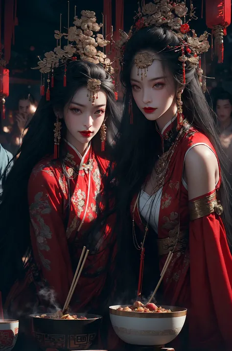 (dramatic, gritty, intense:1.4),masterpiece, best quality, 8k, insane details, intricate details, hyperdetailed, hyper quality, high detail, ultra detailed, (Dynamic Angle:1.5),(wide-angle lens,Panoramic:1.2),
cyberpunkDepth of field,(chinese style architecture),((cyberpunk city)), (light pollution), rainy night, (wet), (((cropped shoulders))), (cyberpunk), science fiction, workshop,
((shiny skin)), {Extremely Delicate Beautiful},
Chinese style clothes,Chinese Han clothing,White and blue Taoist robe, (colored china dress), (hybrid), messy_hair, multicolored hair, (colored tips), shiny hair,
((exoskeleton)), (mechanical joints), (mechanical parts), ((internal structure)), (detailed structure),  hair rings, mechanical internal structure, delicate internal structure,
(cables), (wires), (pistons), electricity, (glowing orbs), (luminous engine), energy cannon, (energy core), (cables connected to body), (wire connected to body), (robotic arms), ((Electronic collar)),3d, 3d render, ray tracing,
(1 group of women in qipao, eating Hot pot:1.4), heterochromia(sitting around a round table:1.2), in a traditional noodle restaurant, (chopsticks:1.5) in hand, slurping noodles, (smiling and chatting:1.2), (red lipstick:1.1), (long hair:1.1) styled in classic Chinese fashion, (floral patterns:1.2) on their qipao dresses, brightly colored, (steaming bowls of noodles:1.4) on the table, with chopsticks and soup spoons beside them, (traditional decorations:1.1) on the walls, such as lanterns and calligraphy(cyber screen frame:1.3),(cyberpunk Colorless goggles:1.2),
1 large round table, filled with vegetables and food, (abundant variety:1.3), colorful display of fresh produce, (vibrant fruits:1.2), (leafy greens:1.1), (crisp vegetables:1.1), (juicy berries:1.2), (aromatic herbs:1.1), (grains and legumes:1.1), (assorted nuts and seeds:1.2), (delicious pastries:1.3), (mouth-watering desserts:1.2), (appetizing dishes:1.1), (platters of salads:1.2), (bowls of soups:1.1), (plates of roasted vegetables:1.2), (colorful smoothies:1.3),  (glass pitchers of refreshing drinks:1.2), (utensils and cutlery:1.1) neatly arranged, creating a feast for the eyes and a celebration of healthy and flavorful cuisine queen
<lora:~Q?-Ys^queen:1>