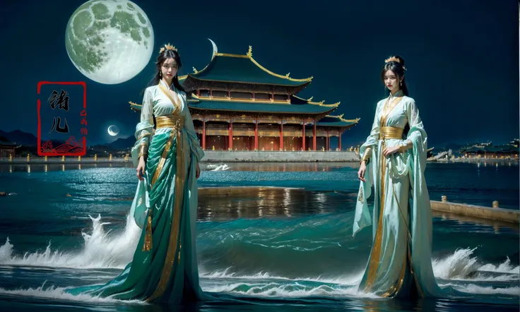 Dark and majestic Chinese palace background at night, waves and swirls of emerald color, a beautiful girl standing in the palace, the center of the sea, traditional Chinese costume jewelry, acrylic oil painting, light white and light silver, gold, elaborate costumes, full body photos, traditional costumes, eye - catching details, the best qualitycrescent_moon,starry_sky,night_sky,
(Real waterRealistic waterflowing water:1.5)ripples
<lora:~Q?-v[ palace background:0.9>