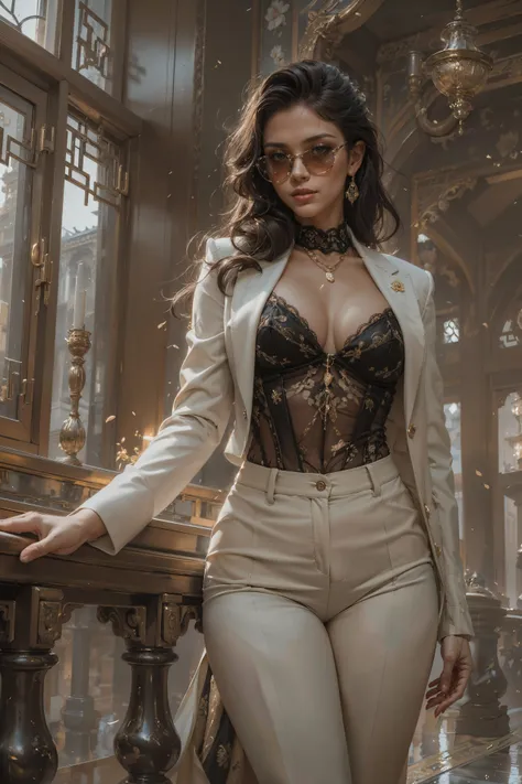 (The gorgeous queen standing in the palace,A woman who is a mother),23 years old,sweaty skin,,(detailed skin texture:1.2), pov.(charm:1.4),(Raw photo),(sneer:1.2).
beautiful image,perfect shading,Classic Hollywood glamour,A carefully cut hairstyle,elegance,sweaty skin,Mischievous smile,dramatic,(blush:0.8),(slim:1.3),
(film grain:1.3),35 mm,perfect shading,perfect lighting,
intricate details, highly detailed, high resolution, HDR, realistic, dusty sunlight, ray_tracing, cinematic (beautiful detailed face:1.0), perfect lighting, (vivid colors:1.3, color full:1.3), ultra detailed 8k cg, extremely absurd,
glossy lips,yellow eyes,
extremely detailed face, beautiful, perfect face, beautiful face, realistic face, atural makeup, beautiful goddess, 1girl, nice girl, mature female, perfect female body, sexy, alluring, attractive, hot, enchanting,  seductive, erotic,
lips, beautiful lips, subsurface scattering, reflections, eflections, dramatic, realistic hair, ultra detailed eyes, Realistic eyes, looking at viewer, Detail hands, realistic hands, realistic legs, eautiful legs,
realistic skin, skin pores, (shiny skin:1.3),(thick thighs:1.3),athletic,wide hips,perfect female body, narrow waist,extremely fine complexion,(masterpiece:1.4),(soft lighting:1.4), bokeh, depth of field, photorealistic, caustics,
(best quality),sparkling eyes,,(design for consistency),
<lora:~Q?-v[ palace background:0.6> (Exquisite sunglasses:1.3) <lora:WomanBusinessSuit_v10:0.6>,BLACK BUSINESS SUIT ,A gold corset,Gold vest,(White suit top:1.4)(lace underwear:0.9),(design for consistency),  <lora:more_details:0.5>