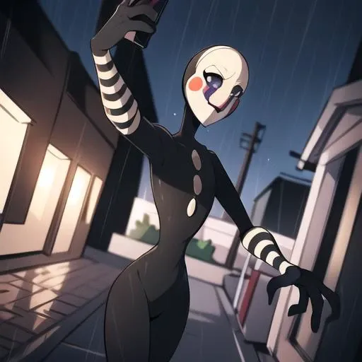 <lora:puppet-10:1> puppet, solo, taking selfie, blurry background, clear character focus, rain, outdoors, night, behind building, peace sign, Style-DA