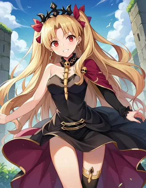score_9, score_8_up, score_7_up, source_anime,
ereshkigal, <lora:ereshkigal-ponyxl-lora-nochekaiser:1>,
ereshkigal, long hair, blonde hair, very long hair, two side up, tiara, red eyes, ribbon, hair ribbon, red ribbon, parted bangs, smile,
thighhighs, dress, jewelry, earrings, black dress, single thighhigh, asymmetrical legwear, uneven legwear, single sleeve, spine,
outdoors, dessert, oasis,
looking at viewer, cowboy shot, dynamic pose, dutch angle,