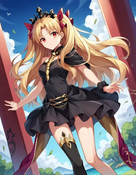 score_9, score_8_up, score_7_up, source_anime,
ereshkigal, <lora:ereshkigal-ponyxl-lora-nochekaiser:1>,
ereshkigal, long hair, blonde hair, very long hair, two side up, tiara, red eyes, ribbon, hair ribbon, red ribbon, parted bangs,
thighhighs, dress, jewelry, earrings, black dress, single thighhigh, asymmetrical legwear, uneven legwear, single sleeve, spine,
outdoors, dessert, oasis,
looking at viewer, cowboy shot, dynamic pose, dutch angle,