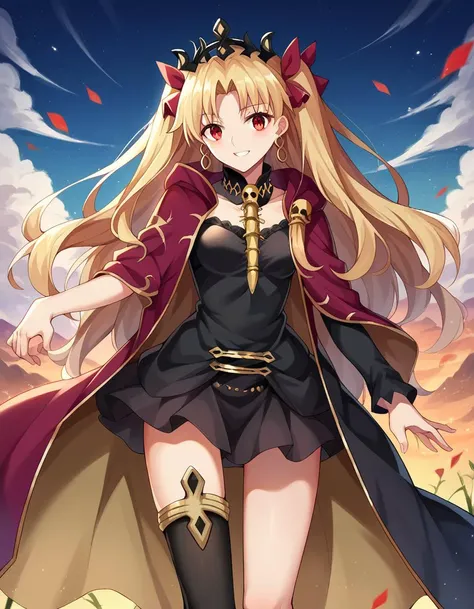score_9, score_8_up, score_7_up, source_anime,
ereshkigal, <lora:ereshkigal-ponyxl-lora-nochekaiser:1>,
ereshkigal, long hair, blonde hair, very long hair, two side up, tiara, red eyes, ribbon, hair ribbon, red ribbon, parted bangs, smile,
thighhighs, dress, jewelry, earrings, black dress, single thighhigh, asymmetrical legwear, uneven legwear, single sleeve, spine,
outdoors, dessert, oasis,
looking at viewer, cowboy shot, dynamic pose, dutch angle,