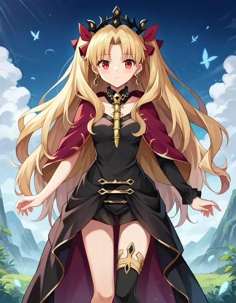 score_9, score_8_up, score_7_up, source_anime,
ereshkigal, <lora:ereshkigal-ponyxl-lora-nochekaiser:1>,
ereshkigal, long hair, blonde hair, very long hair, two side up, tiara, red eyes, ribbon, hair ribbon, red ribbon, parted bangs,
thighhighs, dress, jewelry, earrings, black dress, single thighhigh, asymmetrical legwear, uneven legwear, single sleeve, spine,
outdoors, dessert, oasis,
looking at viewer, cowboy shot,