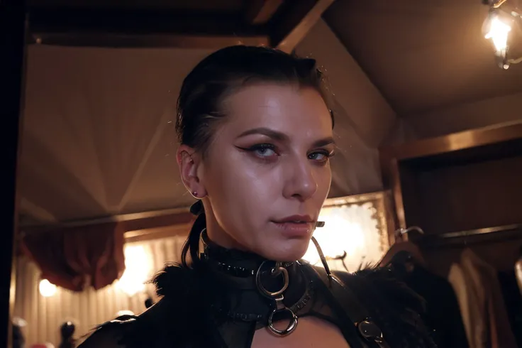 a beautiful woman with rhea ripley inspired goth makeup, topless, extremely detailed face and body, dark dramatic lighting, cinematic composition, dramatic atmosphere, dark fantasy, digital art, octane render, hyper realistic