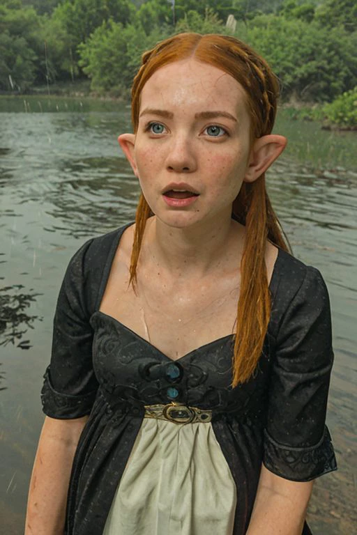 professional, masterpiece, 8k, hyperrealistic portrait of a 20yo cute ginger girl, long hair, redhead, glasses, (looking shy:1.3), freckles, detailed face, detailed skin, photography, hq, photorealistic, nerd, elf, twin tails, goddess, in the forest, frilly shirt, under the sun, gothic, dreary, macabre, bloody rain ,pouring blood, piercings, bloody dress, weather, long elf ears, drenched in blood aesthetic, gothic aesthetic, lip bite, Aurora Aksnes