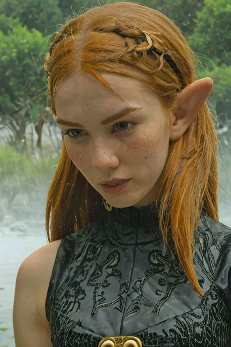 professional, masterpiece, 8k, hyperrealistic portrait of a 20yo cute ginger girl, long hair, redhead, glasses, (looking shy:1.3), freckles, detailed face, detailed skin, photography, hq, photorealistic, nerd, elf, twin tails, goddess, in the forest, frilly shirt, under the sun, gothic, dreary, macabre, bloody rain ,pouring blood, piercings, bloody dress, weather, long elf ears, drenched in blood aesthetic, gothic aesthetic