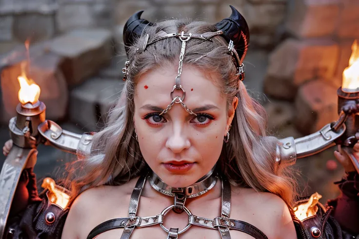extreme closeup photograph of ((medieval platinum harness)), sexy female devil in the fiery pits of hell, hard focus, depth of field, <lyco:bondage-v11-p20:0.6>