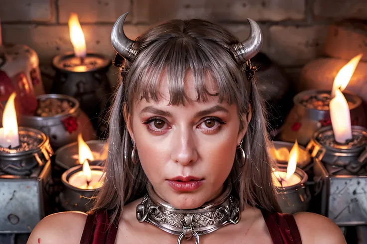 extreme closeup photograph of ((medieval silver boxtie)), sexy female devil in the fiery pits of hell, hard focus, depth of field, <lyco:bondage-v11-p20:0.6>