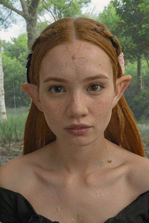 professional, masterpiece, 8k, hyperrealistic portrait of a 20yo cute ginger girl, long hair, redhead, glasses, (looking shy:1.3), freckles, detailed face, detailed skin, photography, hq, photorealistic, nerd, elf, twin tails, goddess, in the forest, frilly shirt, under the sun, gothic, dreary, macabre, bloody rain ,pouring blood, piercings, bloody dress, weather, long elf ears, drenched in blood aesthetic, gothic aesthetic, lip bite,