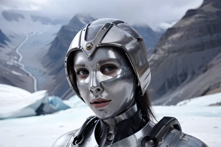extreme closeup photograph of ((futuristic titanium classicdamsel)), sexy faceless robot on glacier, hard focus, depth of field, <lyco:bondage-v11-p20:0.6>
