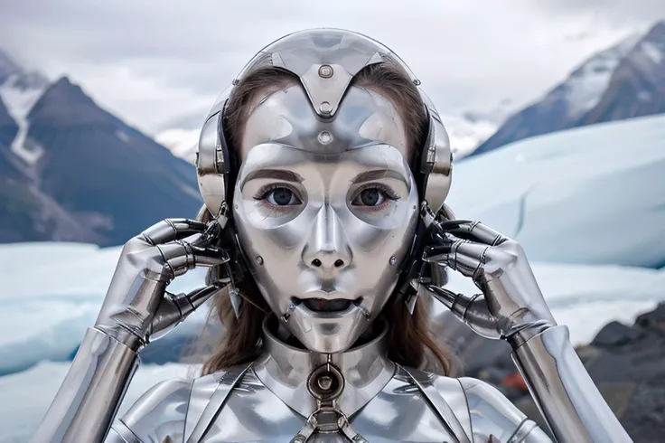 extreme closeup photograph of ((futuristic stainless steel harness)), sexy faceless robot on glacier, hard focus, depth of field, <lyco:bondage-v11-p20:0.6>