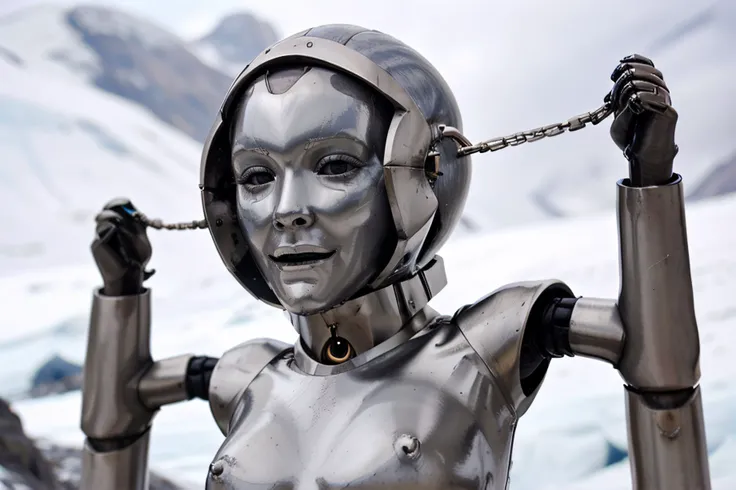 extreme closeup photograph of ((futuristic stainless steel onebarprison)), sexy faceless robot on glacier, hard focus, depth of field, <lyco:bondage-v11-p20:0.6>