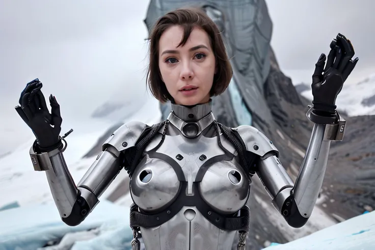 extreme closeup photograph of ((futuristic steel boxtie)), sexy faceless robot on glacier, hard focus, depth of field, <lyco:bondage-v11-p20:0.6>