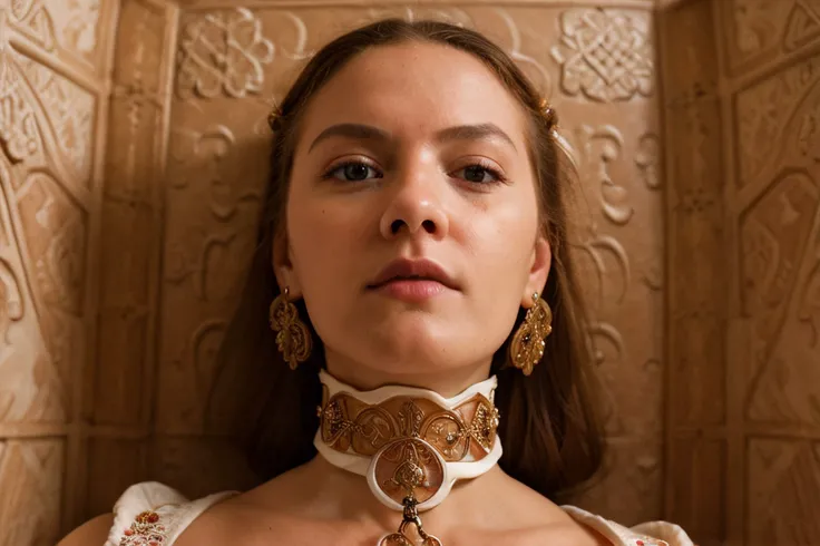 extreme closeup iphone photograph of elaborate intricate renaissance terracotta posturecollar, white padded room, bondage, hard focus, depth of field, <lyco:bondage-v11-p20:0.4>