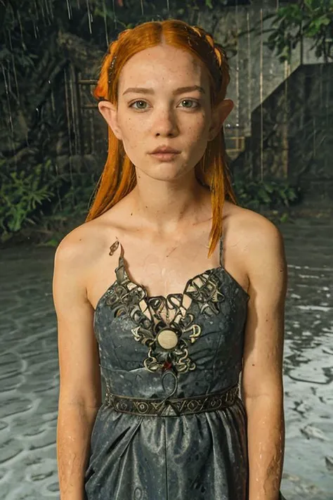 professional, masterpiece, 8k, hyperrealistic portrait of a 20yo cute ginger girl, long hair, redhead, glasses, (looking shy:1.3), freckles, detailed face, detailed skin, photography, hq, photorealistic, nerd, elf, twin tails, goddess, in the forest, frilly shirt, under the sun, gothic, dreary, macabre, bloody rain ,pouring blood, piercings, bloody dress, weather, long elf ears, drenched in blood aesthetic, gothic aesthetic