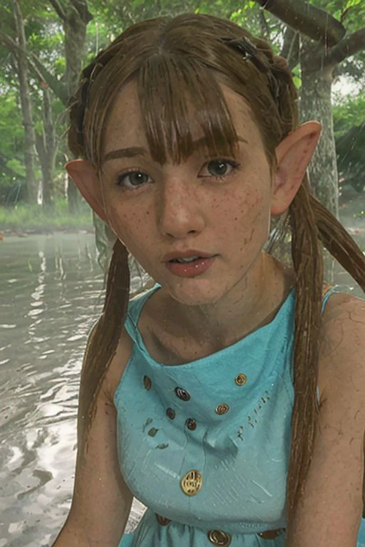 professional, masterpiece, 8k, hyperrealistic portrait of a 20yo cute blonde girl, long hair, glasses, (looking shy:1.3), freckles, detailed face, detailed skin, photography, hq, photorealistic, nerd, elf, twin tails, goddess, in the forest, frilly shirt, under the sun, gothic, dreary, macabre, bloody rain ,pouring blood, piercings, bloody dress, weather, long elf ears, drenched in blood aesthetic, gothic aesthetic, lip bite, Aurora Aksnes, light bangs, light rain, rain drops on face