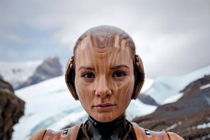 extreme closeup photograph of ((futuristic wood classicdamsel)), sexy faceless robot on glacier, hard focus, depth of field, <lyco:bondage-v11-p20:0.6>