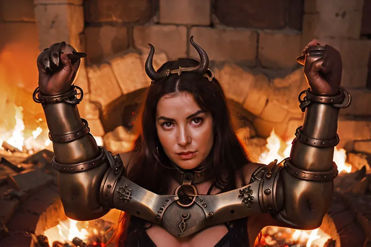 22yo hungarian brunette teen beauty as the devil, red colour skin, evil face, two horns on her head, she is naked, but wearing black leather stockings and sleeves, on a stone altair, the fire of hell in the background, 8k, uhd, detailed face, glowing yellow eyes, ultra realistic, evil smile, touching pussy with wet hands, fingering herself, squirting orgasm