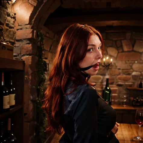 iphone photograph of handsome emaciated Belgian 25yo woman with red wig and ballgag and classicdamsel, from behind, dark wine cellar, hard focus, depth of field, <lyco:bondage-v11-p20:0.6>