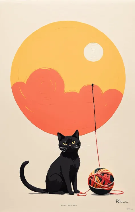 tropical-hued colors, minimalistic, japanese line painting, a tiny and cute black cat playing with a ball of yarn, in the style of rene gruau, vogue illustration <lora:RG2:1>, crimson sky yellow sun white clouds, heavy brushstrokes