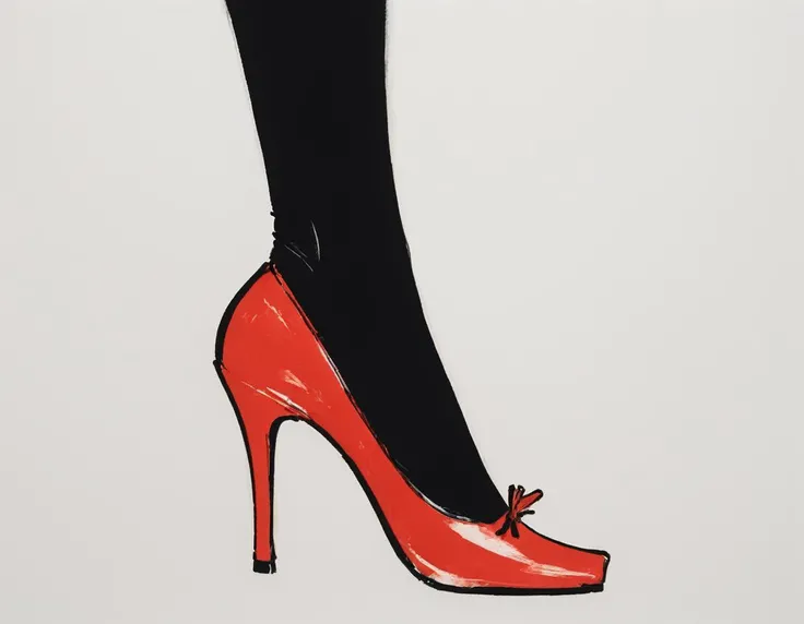 japanese line painting  close up detail of a  girls foot wearing a high heel red shoe, (black background:1.3) , brush strokes, , in the style of rene gruau , vogue, illustration , style,   <lora:RG2:1.1>