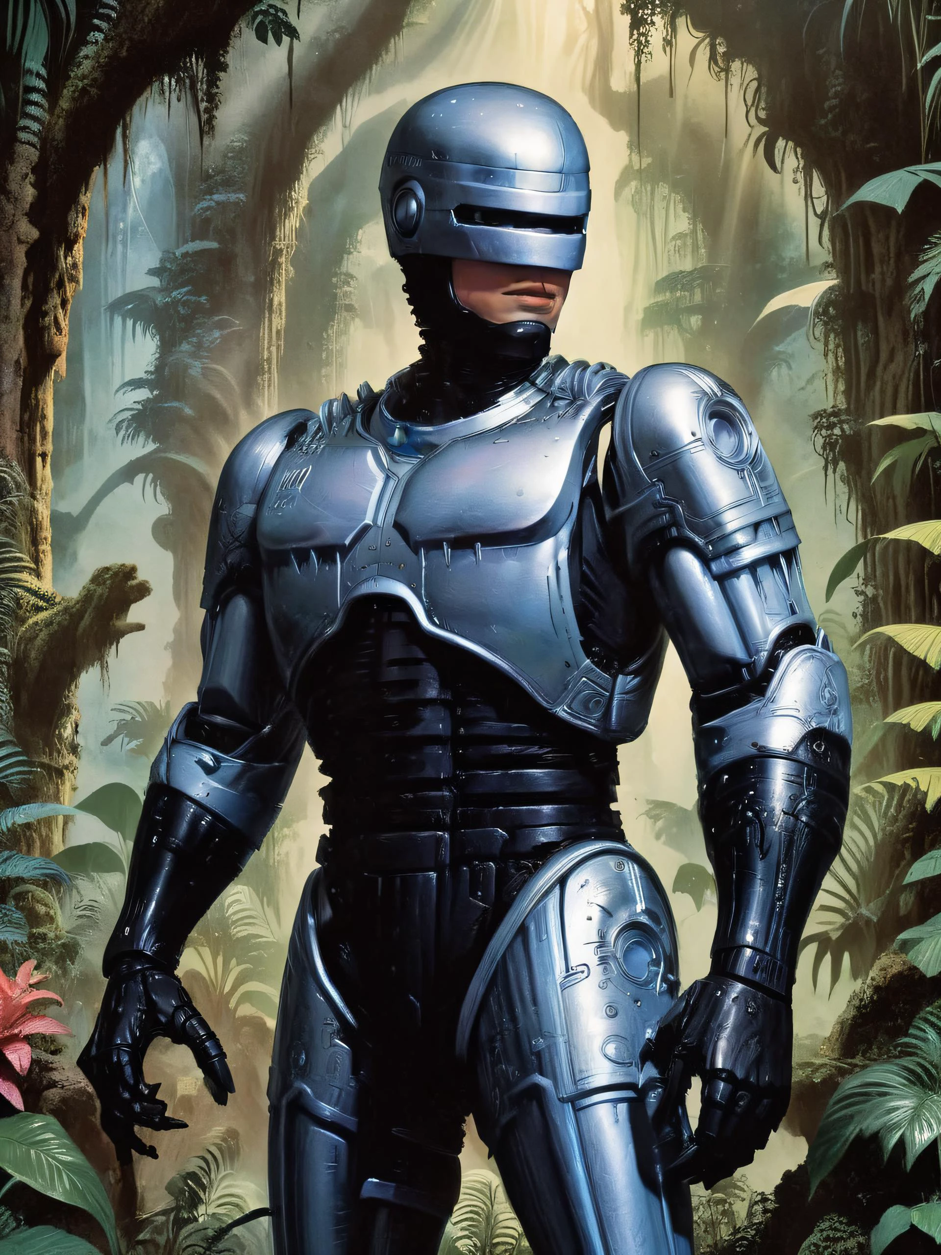 detailed background, character portrait of <lora:hjocprobocop_v10xl:0.9> ocprobocop , garden of eden fantasy location , mystical rainforest background, , <lora:RG2:0.9> , <lora:panchos80satyle:0.8>