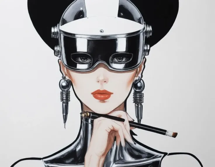 japanese line painting of a robot girl in the style of hajime sorayama , (smoking a long black cigarette holder:1.2), mechanical visor eyes, chrome , white smoke , with black background , brush strokes, , in the style of rene gruau , vogue, illustration , style, <lora:RG2:1>