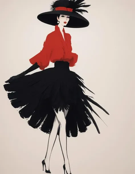 japanese line painting , a woman in a puffy black skirt, feathers and ruffles, wearing a large rimmed hat, black gloves , heels, red and black background , brush strokes, polka dots , in the style of rene gruau , vogue, illustration , style, <lora:RG2:1.1>