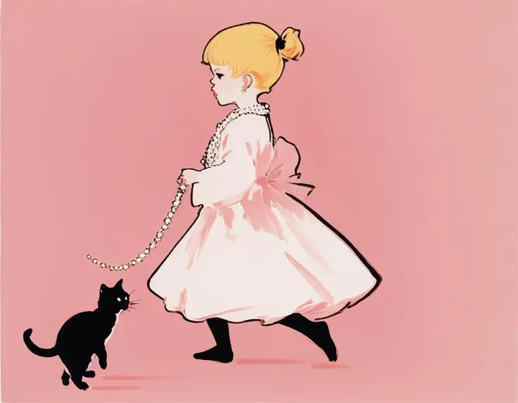 japanese line painting of a (profile view:1.2) , little blond girl in a puffy dress (chasing a cat:1.2) with a pearl necklace in its mouth, , with pink background , brush strokes, , in the style of rene gruau , vogue, illustration , style, <lora:RG2:1>