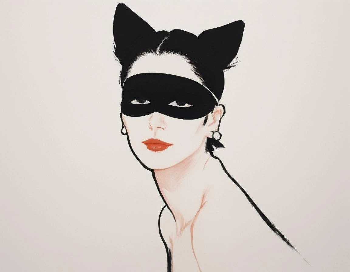 japanese line painting of a close up woman with cat ears and , (polka dot blindfold:1.2), , with white background , brush strokes, , in the style of rene gruau , vogue, illustration , style, <lora:RG2:1.2>