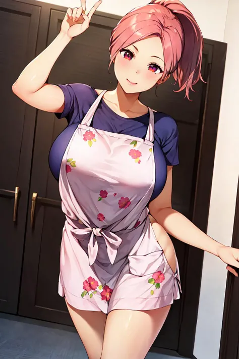 floral print,pink apron, <lora:Kurahashi_Aya_Mature_Sister-KK77-V1:0.7>,blue shirt,Skirt, Pink_hair,red eyes, short hair,parted bangs,ponytail,
1 girl, 20yo,Young female,Beautiful Finger,Beautiful long legs,Beautiful body,Beautiful Nose,Beautiful character design, perfect eyes, perfect face,expressive eyes, looking at viewer, in the center of the image,(light_smile:0.5), official art,extremely detailed CG unity 8k wallpaper, perfect lighting,Colorful, Bright_Front_face_Lighting,shiny skin, (masterpiece:1.0),(best_quality:1.0), ultra high res,4K,ultra-detailed, photography, 8K, HDR, highres, absurdres:1.2, Kodak portra 400, film grain, blurry background, bokeh:1.2, lens flare, (vibrant_color:1.2) (Beautiful,large_Breasts:1.0), (beautiful_face:1.5),(narrow_waist)