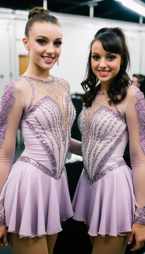 DSLR,two women,1girl,21 years old,figure skating dress,half body,lilac|soft pink|creme dress, rhinetones,applique,long sleeves,shimmery fabric,wetlook fabric,backstage,rembrandt lighting,[fish eye lens], team, uniform, matching dresses
<lora:figureskatingdress_v14:0.4>