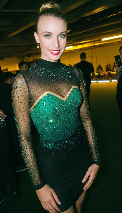 DSLR,woman,1girl,25 years old,figure skating dress,half body,lesbian,sleek dress,ombre,nighttime,rhinetones,long sleeves,triadic colors,green|black|gold dress,slick fabric,paneled dress,dramatic dress,flattering bodice,,see through,rembrandt lighting,makeup,[fish eye lens],candid,flirting,haute couture:0.5,backstage,arena
<lora:figureskatingdress_v14:0.4>