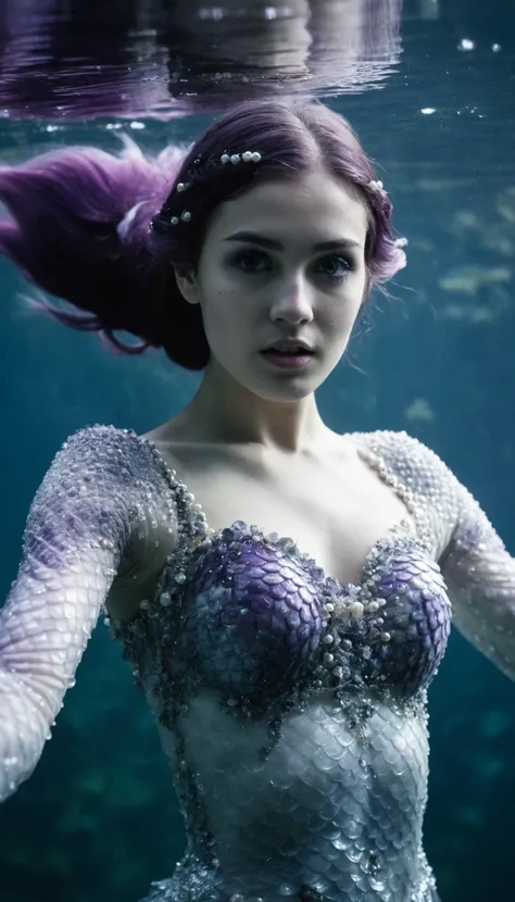 caucasian woman,1girl,21 years old,(wet hair),barnacles,pearls,transforming into mermaid tail, translucent scales blend up torso,pointed elf ears,mermaid tail with blended waistline,slimy,underwater photography,white|gray|silver|deep purple scales,ombre,natural lighting,from below,perky breasts,teenage body,body horror,fisheye lens, figure skating dress:0.7, long sleeves scales,bioluminescent
 <lora:figureskatingdress_v14:0.3>