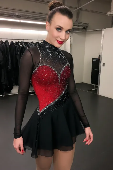 DSLR,woman,1girl,23 years old,figure skating dress,half body,red|black dress,ombre,nighttime,rhinetones,long sleeves,wetlook fabric,paneled dress,dramatic dress,flattering bodice,see through,rembrandt lighting,makeup,[fish eye lens],backstage,intimate,candid,shy,ingenue
<lora:figureskatingdress_v14:0.4>